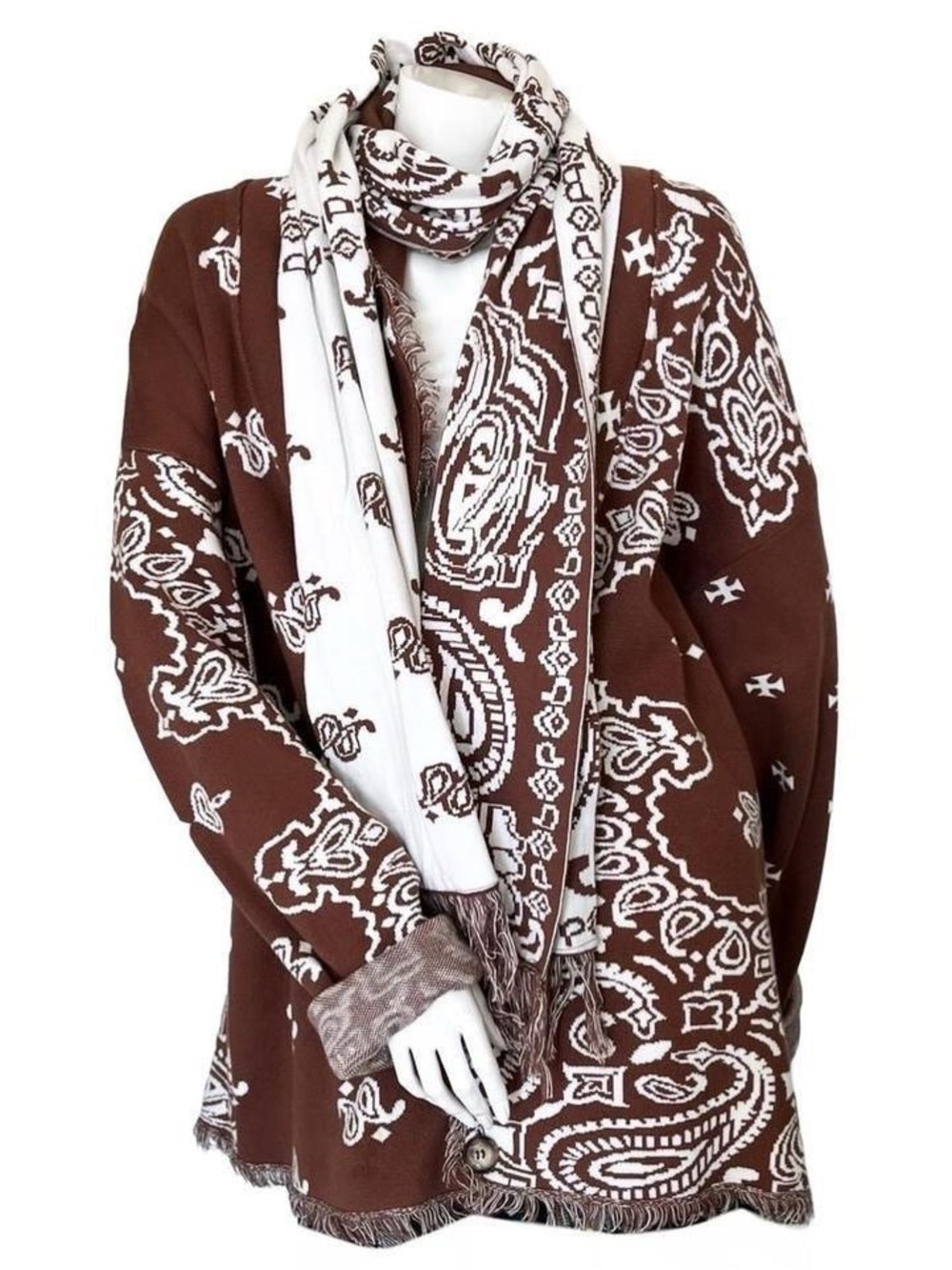 Jaded London Brown Paisley Shawl-Collar Cardigan Jacket Boho Fringe Tapestry - Picture 4 of 8